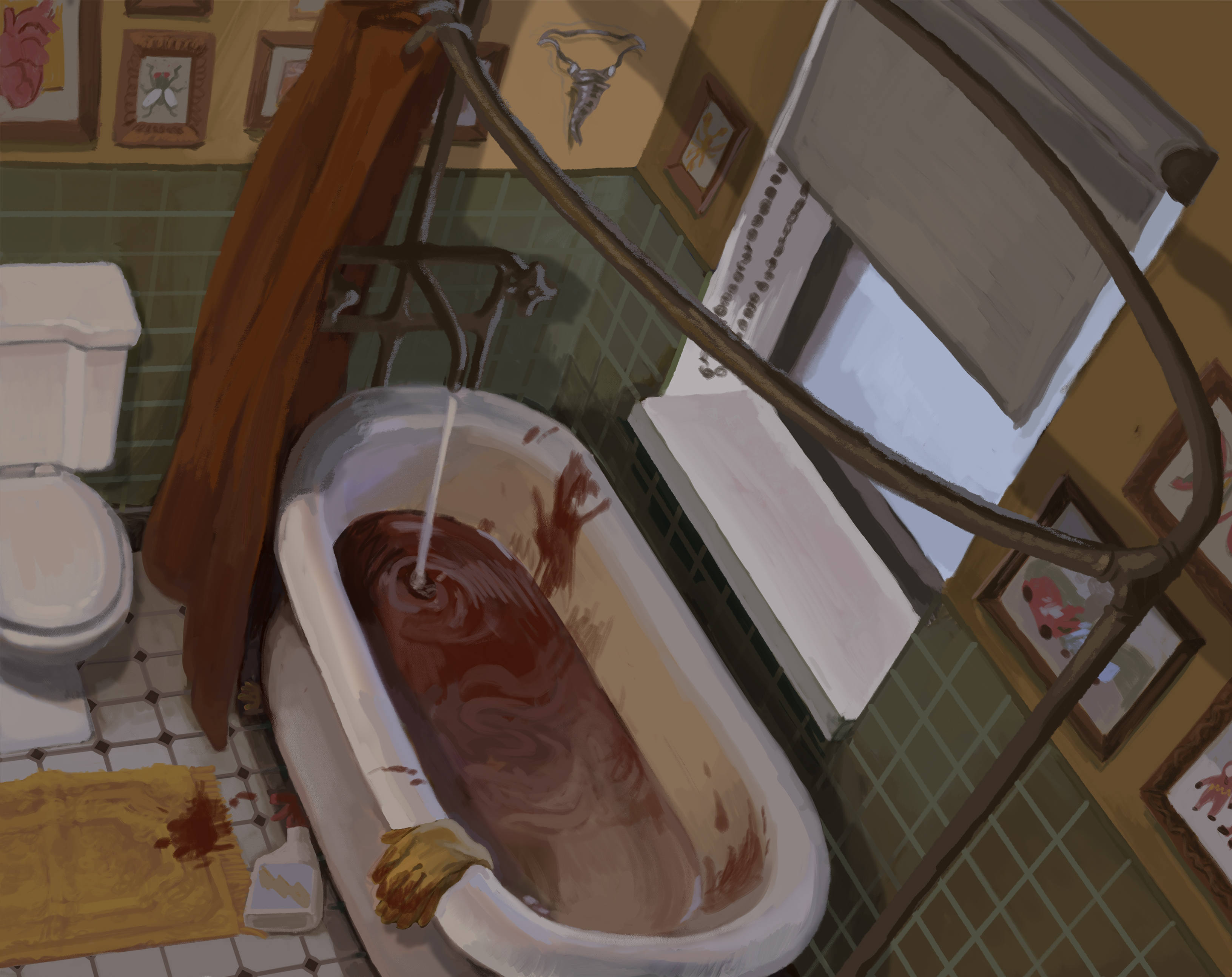 High-angle digital painting of an outdated bathroom in yellow and green tones. There is a bathtub full of blood and organic matter.
					There is a handprint inside the tub and bloodstains on the carpet. The walls are decorated in references to the filmography of David Cronenberg.