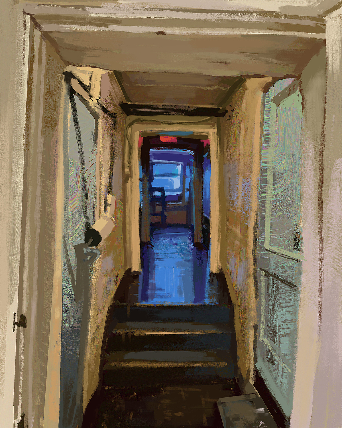 Heavily textured digital painting of an industrial hallway with a window at the end. The scene is primarily orange, with a bright blue light emanating from the window.